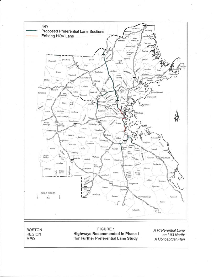 FIGURE 1. Highways Recommended in Phase I for Further Preferential Lane StudyThis is a full-page map depicting highways recommended for further study in phase 1. The proposed preferential lane sections are delineated in green; the existing HOV lanes are marked in red. 